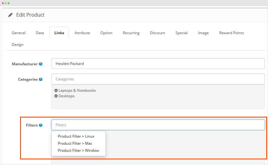 assign filters to product